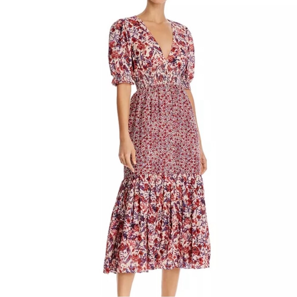 SAYLOR NYC The Elizabeth V-Neck Puff Sleeve Smocked Maxi Dress in floral SZ: X-S